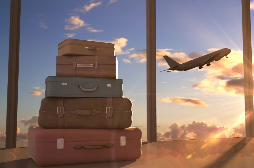 A group of suitcases stacked on top of each other.