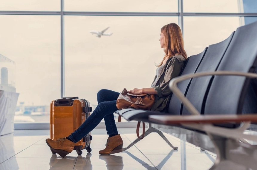 A woman sitting on the bench at an airport